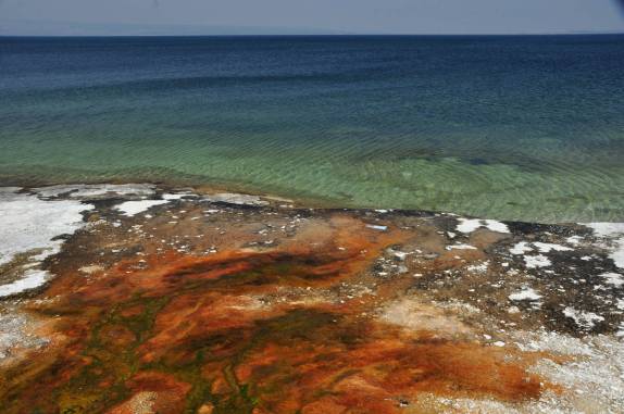 Fontes de águas termais se encontram com o enorme Yellowstone Lake, no Yellowstone National Park, em Wyoming, nos Estados Unidos